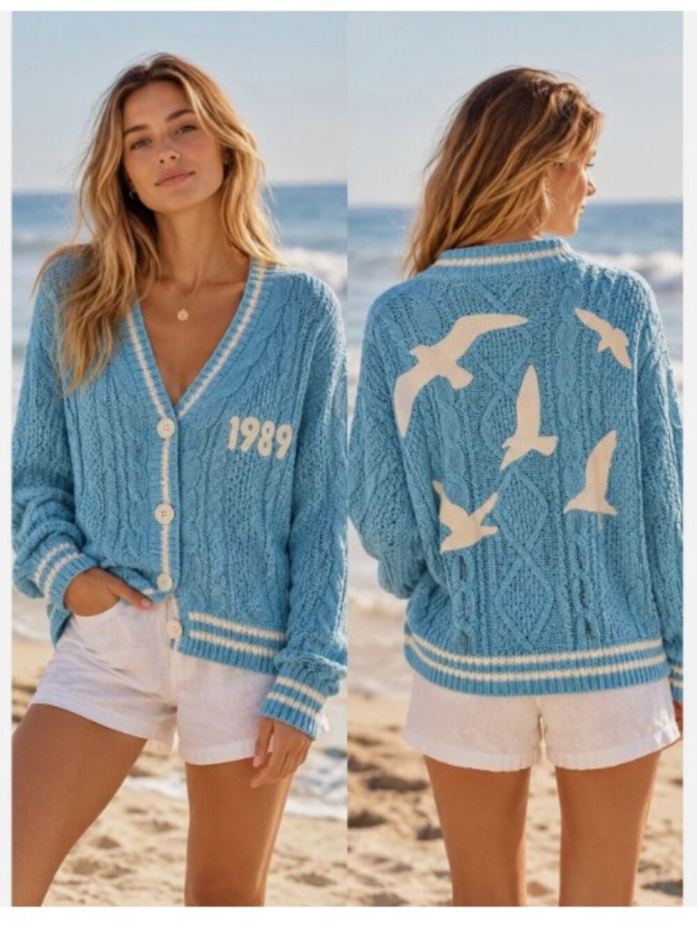 1989 Taylor Swift Cable-Knit Blue Button Cardigan Sweater Size L